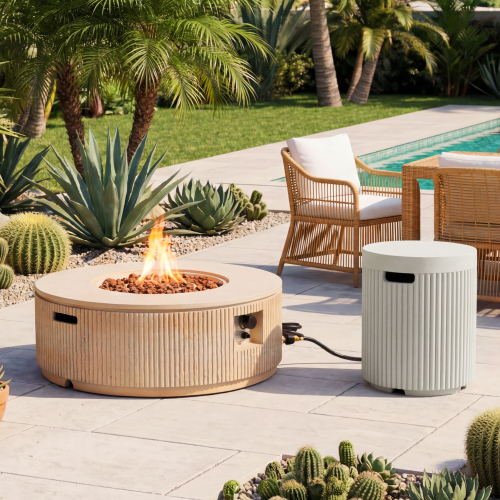 U_STYLE 38.19'' MGO Fire Pit & 16.93'' Propane Tank Cover Table, 50000 BTU Round Fire Table with Vertical Stripe Design, Adjustable Flame, Lava Rocks & Rain Cover, Patio & Backyard Use - Brown,White - Magnesium Oxide