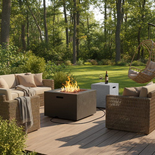 U_STYLE 24.02'' Square MGO Propane Fire Pit Set, 40,000 BTU Outdoor Fire Pit Table with Steel Burner, Adjustable Flame, Lava Rocks & Rain Cover, Includes 15.75'' Propane Tank Cover Table, No Assembly - Black,Grey - Magnesium Oxide - Grey - Magnesium Oxide