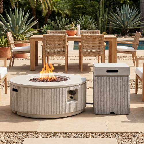 U_STYLE 2-Piece Outdoor Propane Fire Pit Set, 38.19" Round Fire Pit Table 50,000 BTU with Steel Burner, Lava Rocks & Rain Cover, 15.75" MGO Propane Tank Cover Side Table for 20 lb Tank, Patio Backyard - Beige,Grey - Magnesium Oxide