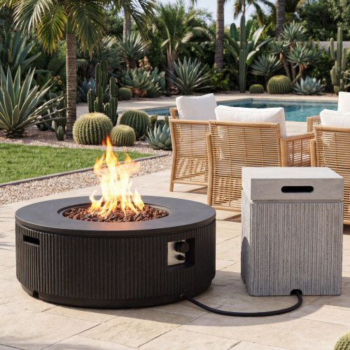 U_STYLE 2-Piece Outdoor Propane Fire Pit Set, 38.19" Round Fire Pit Table 50,000 BTU with Steel Burner, Lava Rocks & Rain Cover, 15.75" MGO Propane Tank Cover Side Table for 20 lb Tank, Patio Backyard - Black,Grey - Magnesium Oxide