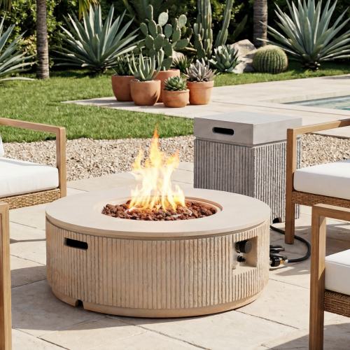 U_STYLE 2-Piece Outdoor Propane Fire Pit Set, 38.19" Round Fire Pit Table 50,000 BTU with Steel Burner, Lava Rocks & Rain Cover, 15.75" MGO Propane Tank Cover Side Table for 20 lb Tank, Patio Backyard - Brown,Grey - Magnesium Oxide