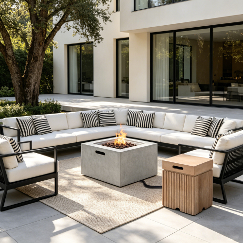 U_STYLE Patio 2-Piece Propane Fire Pit Set, 24.02" Square Fire Pit Table (40,000 BTU) with Steel Burner, Lava Rocks & Rain Cover, 15.75" MGO Tank Cover Side Table for 20 lb Tank, Backyard Poolside - Brown,Grey - Magnesium Oxide - Grey - Magnesium Oxide