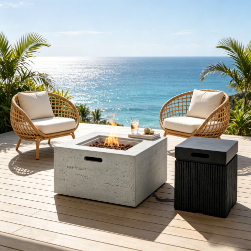 U_STYLE Patio 2-Piece Propane Fire Pit Set, 24.02" Square Fire Pit Table (40,000 BTU) with Steel Burner, Lava Rocks & Rain Cover, 15.75" MGO Tank Cover Side Table for 20 lb Tank, Backyard Poolside - Black,Grey - Magnesium Oxide - Grey - Magnesium Oxide