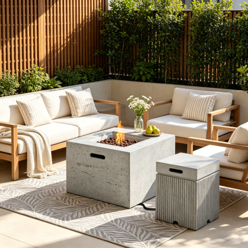 U_STYLE Patio 2-Piece Propane Fire Pit Set, 24.02" Square Fire Pit Table (40,000 BTU) with Steel Burner, Lava Rocks & Rain Cover, 15.75" MGO Tank Cover Side Table for 20 lb Tank, Backyard Poolside - Grey - Magnesium Oxide