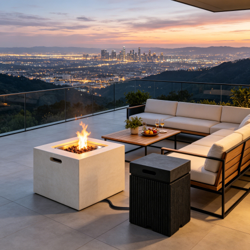 U_STYLE Patio 2-Piece Propane Fire Pit Set, 24.02" Square Fire Pit Table (40,000 BTU) with Steel Burner, Lava Rocks & Rain Cover, 15.75" MGO Tank Cover Side Table for 20 lb Tank, Backyard Poolside - Beige,Black - Magnesium Oxide