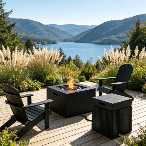 U_STYLE Patio 2-Piece Propane Fire Pit Set, 24.02" Square Fire Pit Table (40,000 BTU) with Steel Burner, Lava Rocks & Rain Cover, 15.75" MGO Tank Cover Side Table for 20 lb Tank, Backyard Poolside - Black - Magnesium Oxide