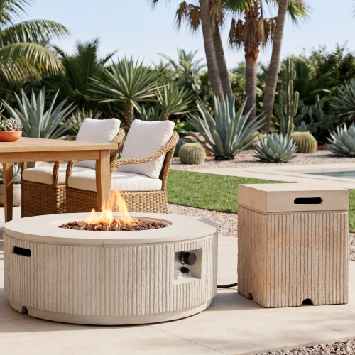 U_STYLE 2-Piece Outdoor Propane Fire Pit Set, 38.19" Round Fire Pit Table 50,000 BTU with Steel Burner, Lava Rocks & Rain Cover, 15.75" MGO Propane Tank Cover Side Table for 20 lb Tank, Patio Backyard - Beige,Brown - Magnesium Oxide