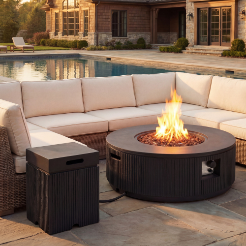 U_STYLE 2-Piece Outdoor Propane Fire Pit Set, 38.19" Round Fire Pit Table 50,000 BTU with Steel Burner, Lava Rocks & Rain Cover, 15.75" MGO Propane Tank Cover Side Table for 20 lb Tank, Patio Backyard - Black - Magnesium Oxide