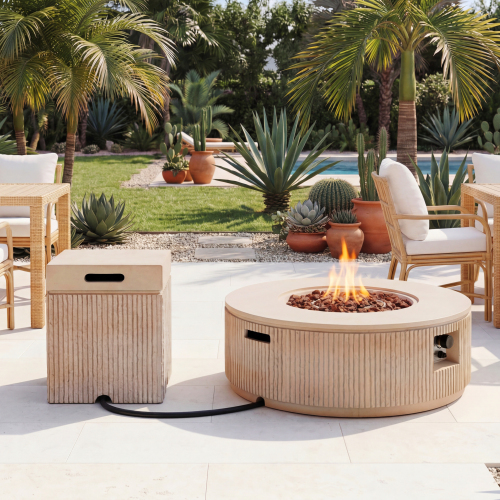 U_STYLE 2-Piece Outdoor Propane Fire Pit Set, 38.19" Round Fire Pit Table 50,000 BTU with Steel Burner, Lava Rocks & Rain Cover, 15.75" MGO Propane Tank Cover Side Table for 20 lb Tank, Patio Backyard - Brown - Magnesium Oxide