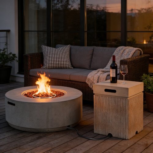 38.2-Inch 50,000 BTU MGO Fire Pit Set with Tank Cover, Brown/Gray