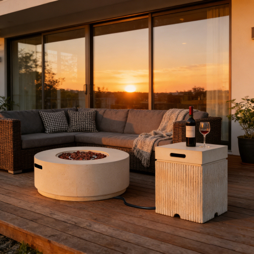 38.2-Inch Beige and Brown MGO Propane Fire Pit Set with Tank Cover Table