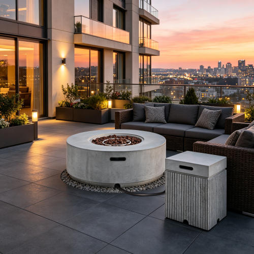 Gray Magnesium Oxide 38.2-Inch Propane Fire Pit and Tank Cover Set