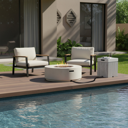 38.2-Inch Beige and Gray Magnesium Oxide Propane Fire Pit Set