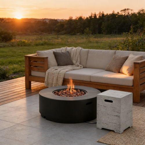 U_STYLE 2-Piece Outdoor Fire Pit Set, 38.2" Round Propane Fire Pit (50,000 BTU) with Steel Burner, Lava Rocks & Cover, 15.75" MGO Tank Cover Side Table for 20 lb Tank, Patio Backyard Poolside - Black,Gray - Magnesium Oxide - Gray - Magnesium Oxide