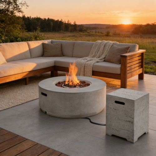 U_STYLE 2-Piece Outdoor Fire Pit Set, 38.2" Round Propane Fire Pit (50,000 BTU) with Steel Burner, Lava Rocks & Cover, 15.75" MGO Tank Cover Side Table for 20 lb Tank, Patio Backyard Poolside - Gray - Magnesium Oxide - Gray - Magnesium Oxide