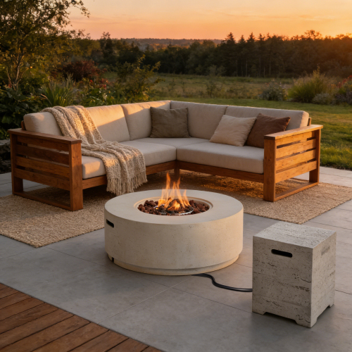 U_STYLE 2-Piece Outdoor Fire Pit Set, 38.2" Round Propane Fire Pit (50,000 BTU) with Steel Burner, Lava Rocks & Cover, 15.75" MGO Tank Cover Side Table for 20 lb Tank, Patio Backyard Poolside - Beige,Gray - Magnesium Oxide - Gray - Beige