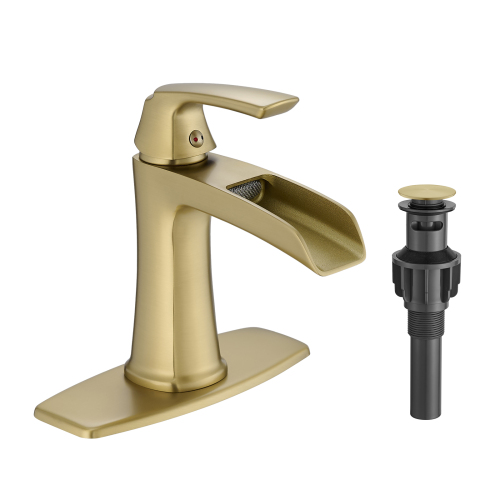 Brushed Gold Brass Waterfall Bathroom Faucet with Pop-Up Drain
