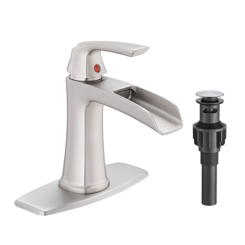 Brushed Nickel Brass Waterfall Bathroom Faucet with Pop-Up Drain and Deck Plate