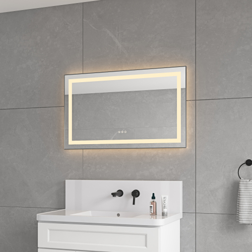 24-Inch Gun Ash Aluminum LED Bathroom Mirror with Dual Lighting - Gun Ash - Aluminium,Glass - Gun Ash - 24-Inch