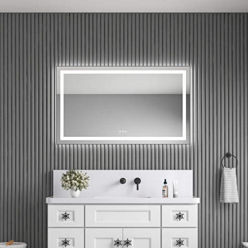 48 x 28 Inch LED Bathroom Mirror with Front and Backlight, Wall Mounted Vanity Mirror with Aluminum Frame, Anti-Fog, Memory, 3 Colors, Stepless Dimmable - Gun Ash - Aluminium,Glass - Gun Ash - 28-Inch