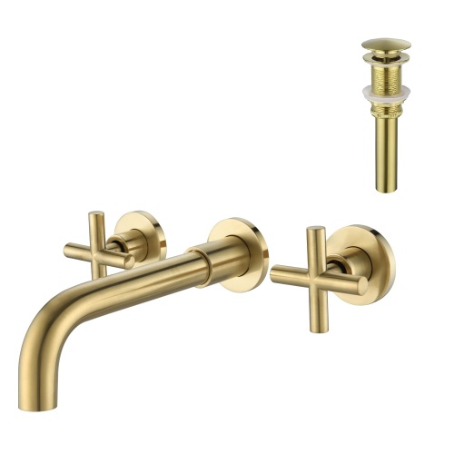 Wall Mounted Dual Handle Bathroom Sink Faucet with Pop-Up Drain (No Overflow) - Brushed Gold - brass,Stainless Steel