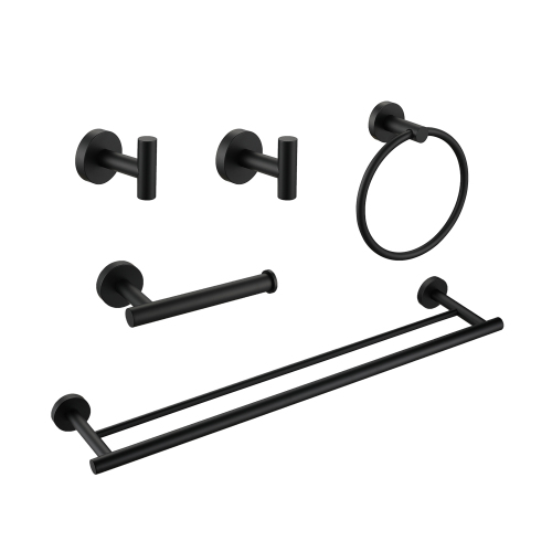 5-Pieces Bathroom Hardware Accessories Set, Bath Towel Bar, Towel Ring, Toilet Paper Holder and Towel Hooks for Wall Mounted - Matte Black - Stainless Steel - Matte Black - Stainless Steel