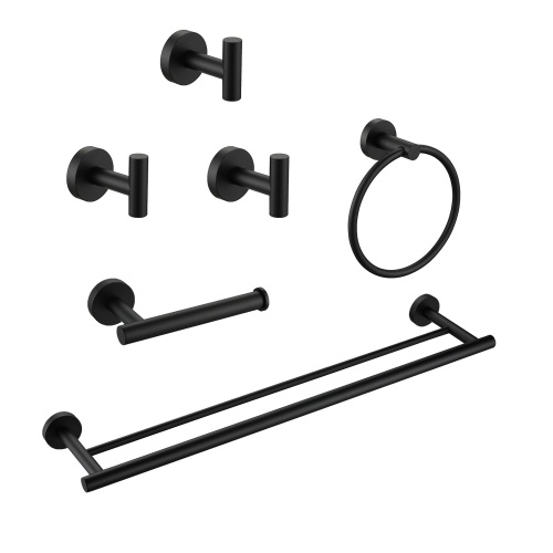 6-Pieces Bathroom Hardware Accessories Set, Bath Towel Bar, Towel Ring, Toilet Paper Holder and Towel Hooks for Wall Mounted - Matte Black - Stainless Steel - Matte Black - Stainless Steel