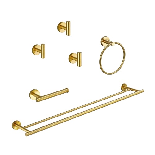 6-Pieces Bathroom Hardware Accessories Set, Bath Towel Bar, Towel Ring, Toilet Paper Holder and Towel Hooks for Wall Mounted - Brushed Gold - Stainless Steel - Brushed Gold - Stainless Steel