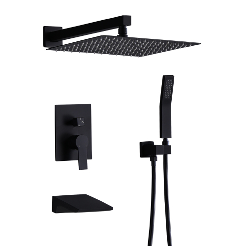 Black Shower System with Tub Spout, All Metal Tub Shower Faucet Set with 12" Rain Shower Head and Handheld Spray combo, Wall Mounted Tub Shower Systems with Valve and Trim Kit, Matte Black - Stainless Steel - Stainless Steel - Not Specified