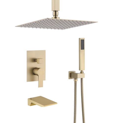 Shower Faucet Set, Shower System Bathroom High Pressure 12 Inches Rainfall Shower Head with Handheld Spray, Wall Mounted Shower Fixtures with Shower Valve and Trim Kit, Brushed Gold - Stainless Steel - Stainless Steel - 12-Inch