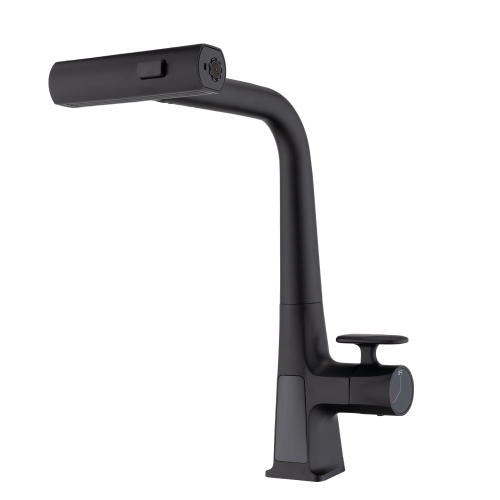 Matte Black Waterfall Kitchen Faucet with Temperature Display, Single Handle Kitchen Faucet with Pull Down Sprayer, Modern Kitchen Sink Faucet, Three Water Outlet Modes - zinc - zinc