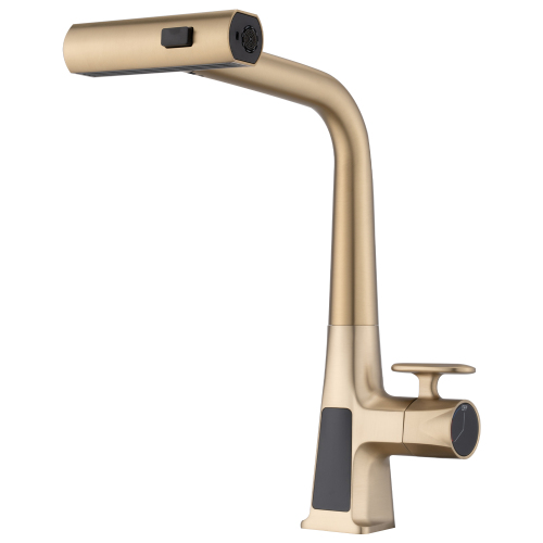 Brushed Gold Waterfall Kitchen Faucet with Temperature Display, Single Handle Kitchen Faucet with Pull Down Sprayer, Modern Kitchen Sink Faucet, Three Water Outlet Modes - zinc - zinc