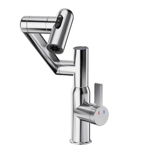Chrome Bathroom Sink Faucet with Spray Function and Temperature Display for Anti-Skid Switch and Hot & Cold and 360° Rotary - brass - brass - Contemporary - Manual - Single Hole Faucets - one - Deck-Mounted - Contemporary