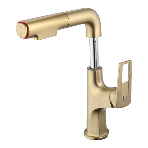 Brushed Gold Pull-Down Vessel Faucet - Single Hole Bathroom Sink Faucet with Lift Spout & Dual Spray Modes - Metal - Manual - Single Hole Faucets - Pull-Out - one - Deck-Mounted - Curved - Metal - Manual