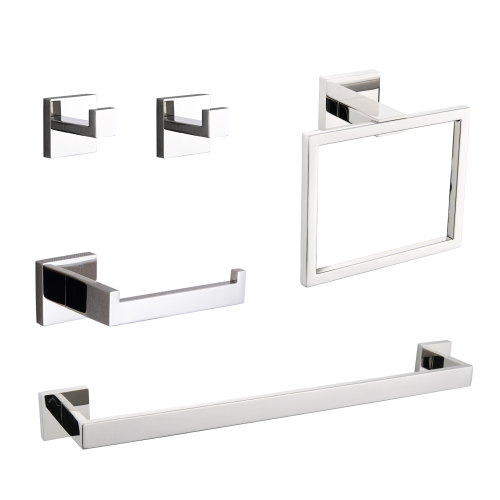 5-Piece SUS304 Bathroom Set: Towel Bar + Ring + Hooks + TP Holder, Brushed Finish - Chrome - Stainless Steel - Modern - Chrome - Stainless Steel