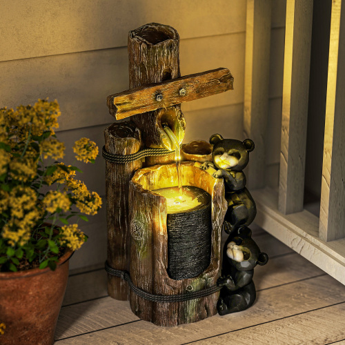 Outsunny 22.8" Outdoor Water Fountain, 3-Tier Floor Standing Resin Bears on Log Waterfall Fountain with LED Lights, Pump - Brown