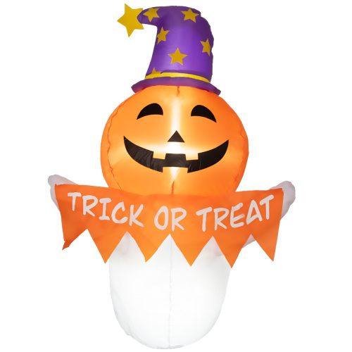 Outsunny 3.4ft Halloween Inflatables Window Sticker Ghost with Orange Face, Blow Up Halloween Decorations Outdoor LED Yard Display, Waterproof - Polyester - 3.4-ft