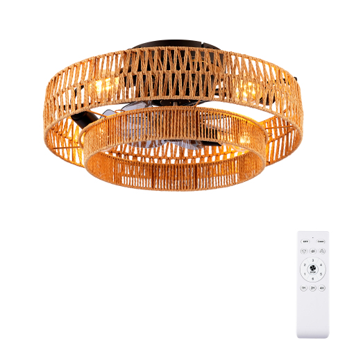 19.7-Inch Matte Black Metal and Paper Rope Cage Ceiling Fan
