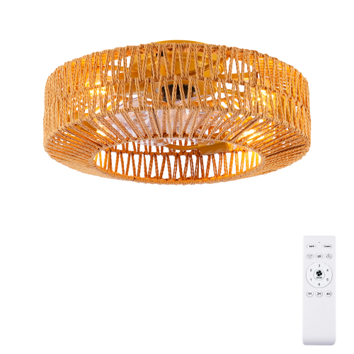 19.7-Inch Gold Metal & Paper Rope Cage Ceiling Fan with Remote