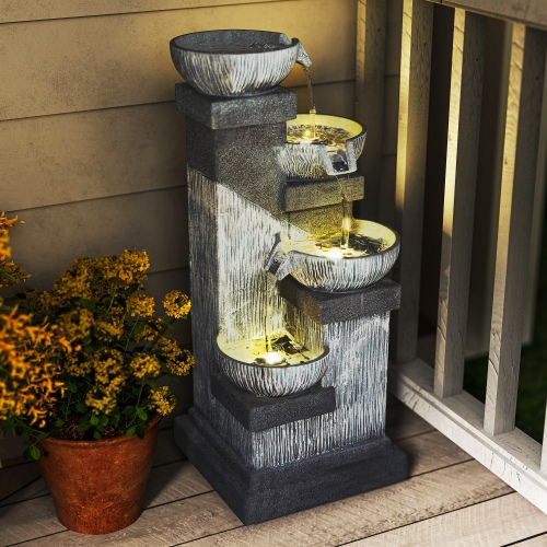 Outsunny 33.5" Outdoor Water Fountain, 4-Tier Floor Standing Resin Cascading Bowls Waterfall Fountain with LED Lights, Pump - Grey