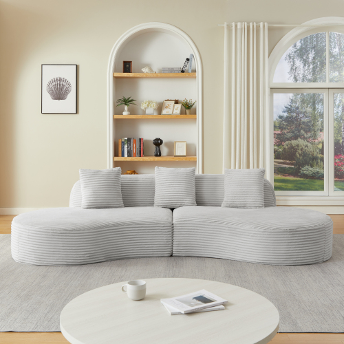 Contemporary Corduroy Compressed Upholstered Curved Sectional Sofa with Scatter Cushions-No assembly required,Upholstered Oversized Couches for Living Room,Apartment - LIGHT GREY - 4 Seat