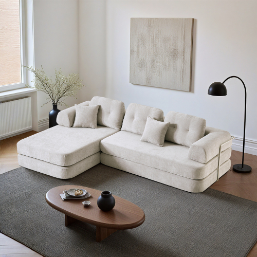 104" 3-Seat Light Grey Linen Modular Sectional Sofa with Chaise