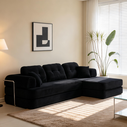 104-Inch Antique Black Corduroy 3-Seat Modular Sofa with Chaise