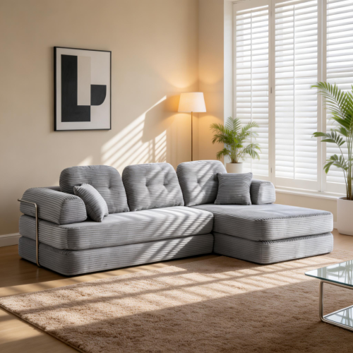 104-Inch Antique Grey Corduroy 3-Seat Modular Sectional with Chaise