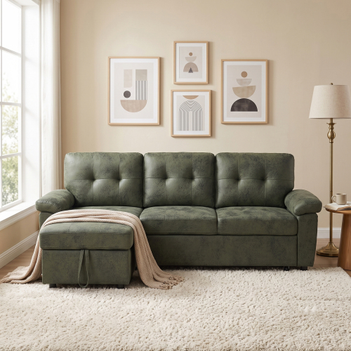 88.5-Inch Olive Green Polyester L-Shaped Pull-Out Sofa Bed