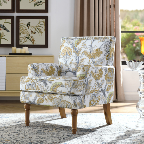 Accent Chair, Floral Armchair, Nailhead Trim, Gold and Grey Decor, Solid Wood Legs, Farmhouse Furniture, Upholstered Slipper Chair, Side Chair, Traditional Print, Living Room. - Earthy Yellow - Wood+Fabric - Foam - Contemporary - Primary Living Space