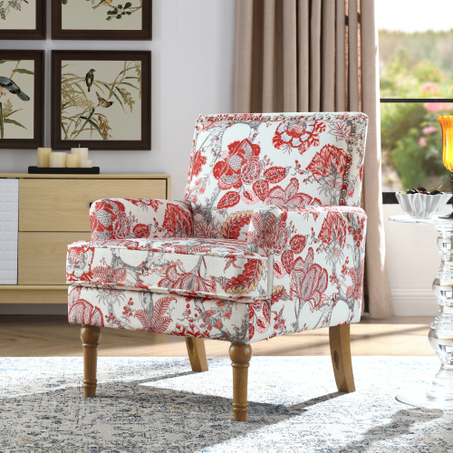 Accent Chair, Floral Armchair, Nailhead Trim, Red and white Decor, Solid Wood Legs, Farmhouse Furniture, Upholstered Slipper Chair, Side Chair, Traditional Print,  Living Room. - Wood+Fabric - Foam - Contemporary - Primary Living Space