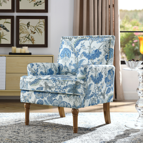 Accent Chair, Floral Upholstery, Nailhead Trim, Solid Wood Legs, Farmhouse Style, Armchair, Blue and White, Living Room Seating, Traditional Furniture, French Country - Wood+Fabric - Foam - Contemporary - Primary Living Space