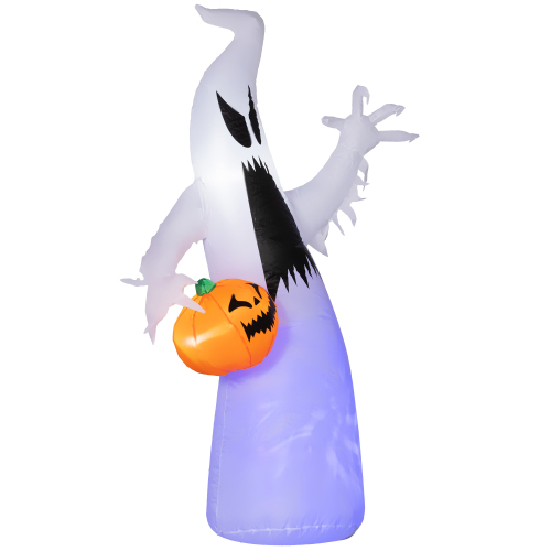 HOMCOM 5.9' Halloween Inflatable Outdoor Decoration Ghost with Pumpkin, Blow Up LED Yard Decor for Garden, Lawn, Party, Holiday, Waterproof, Purple - White - Polyester