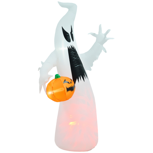 HOMCOM 5.9' Halloween Inflatable Outdoor Decoration Ghost with Pumpkin, Blow Up LED Yard Decor for Garden, Lawn, Party, Holiday, Waterproof - White - Polyester